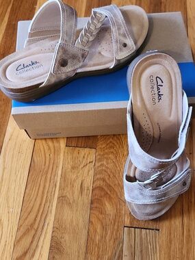Clarks Collection Leather Slide Sandals April Rae Bronze Size 9 M
